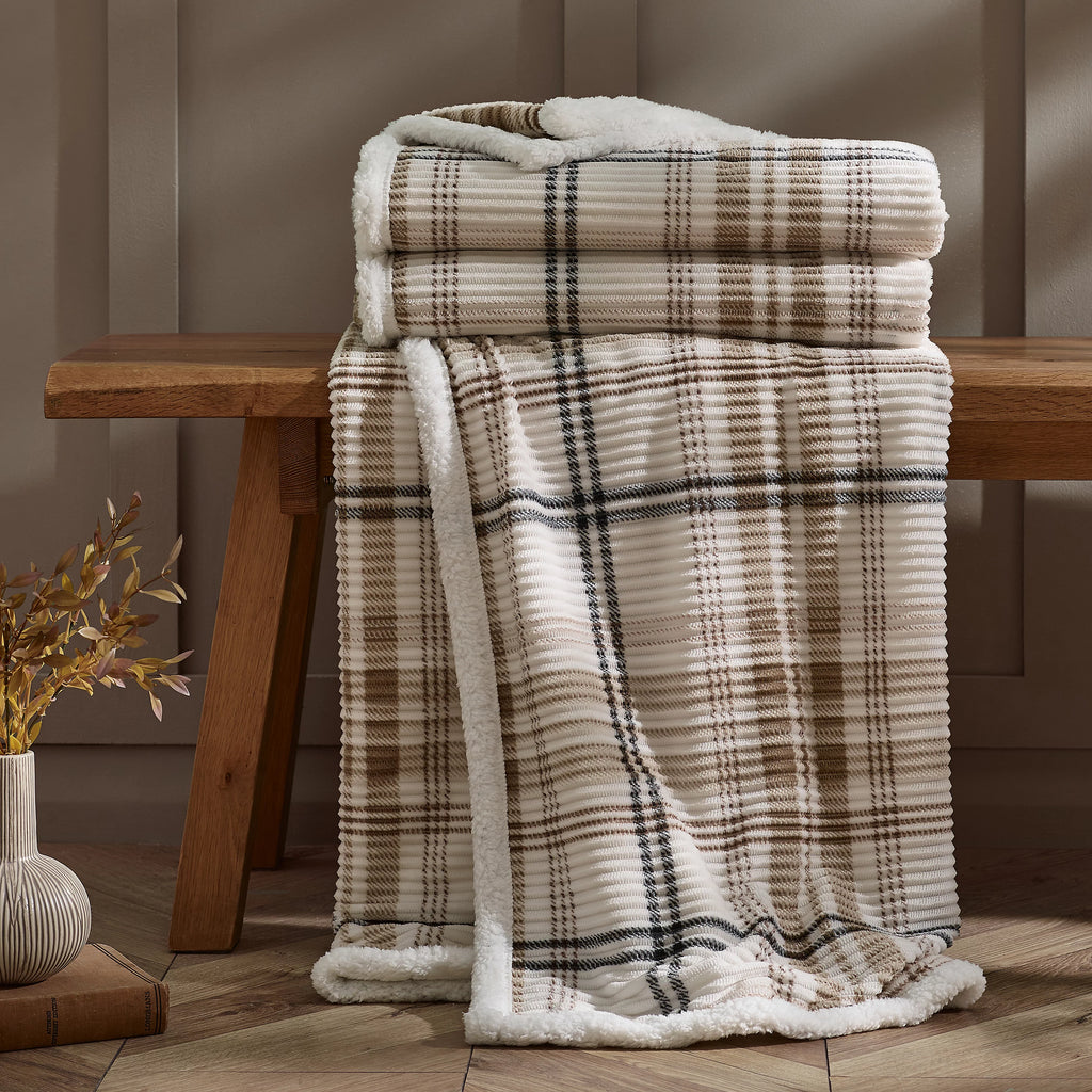 Catherine Lansfield Soft and Cosy Ribbed Check Sherpa Throw - Natural