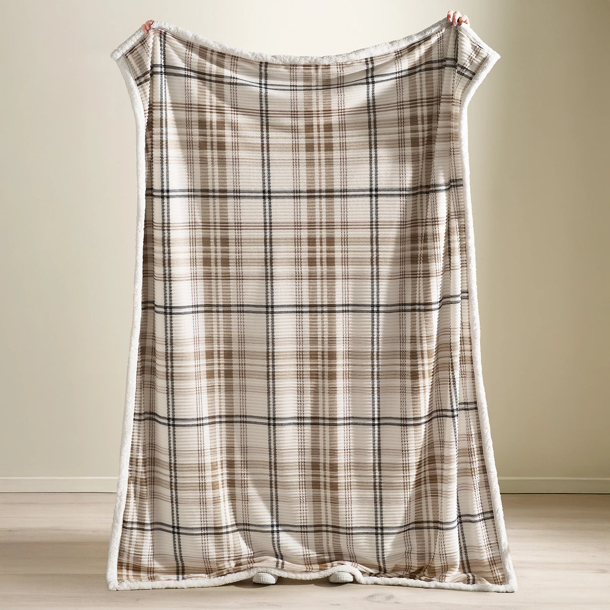Catherine Lansfield Soft and Cosy Ribbed Check Sherpa Throw - Natural