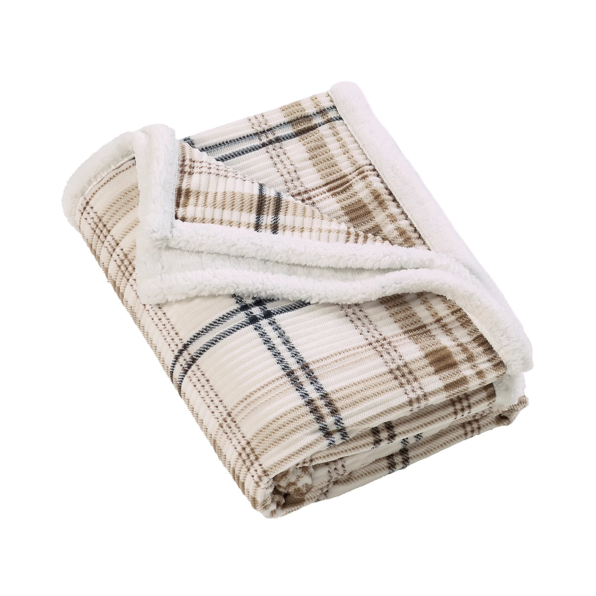 Catherine Lansfield Soft and Cosy Ribbed Check Sherpa Throw - Natural