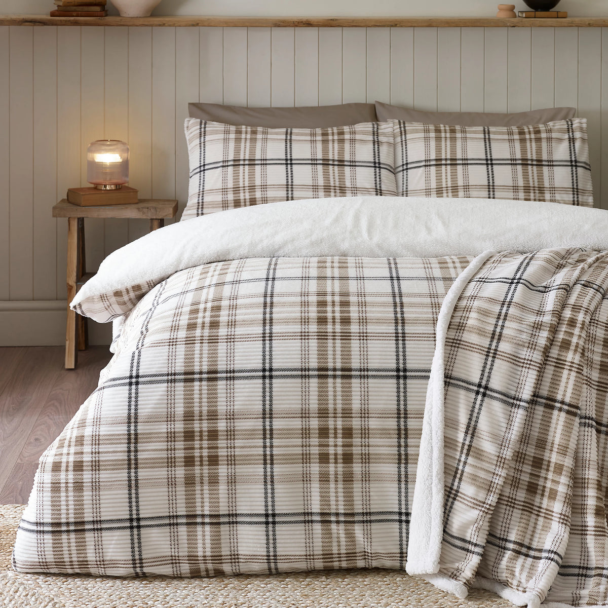 Catherine Lansfield Natural Soft and Cosy Ribbed Check Sherpa Duvet Cover Set