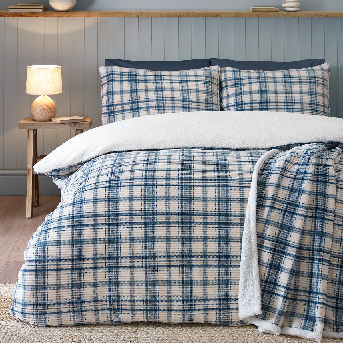 Catherine Lansfield Blue Soft and Cosy Ribbed Check Sherpa Duvet Cover Set