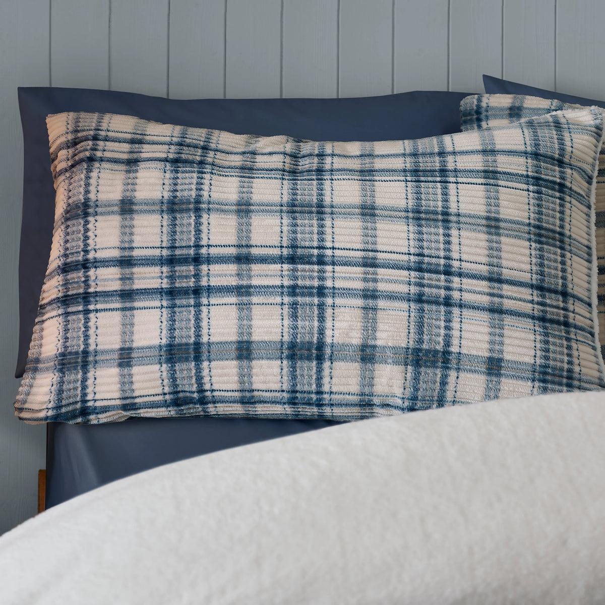 Catherine Lansfield Blue Soft and Cosy Ribbed Check Sherpa Duvet Cover Set