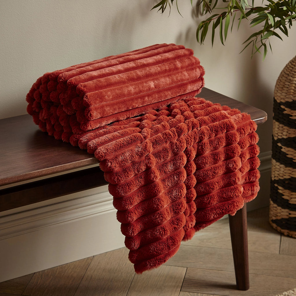 Catherine Lansfield Burnt Orange Soft and Cosy Ribbed Faux Fur Throw