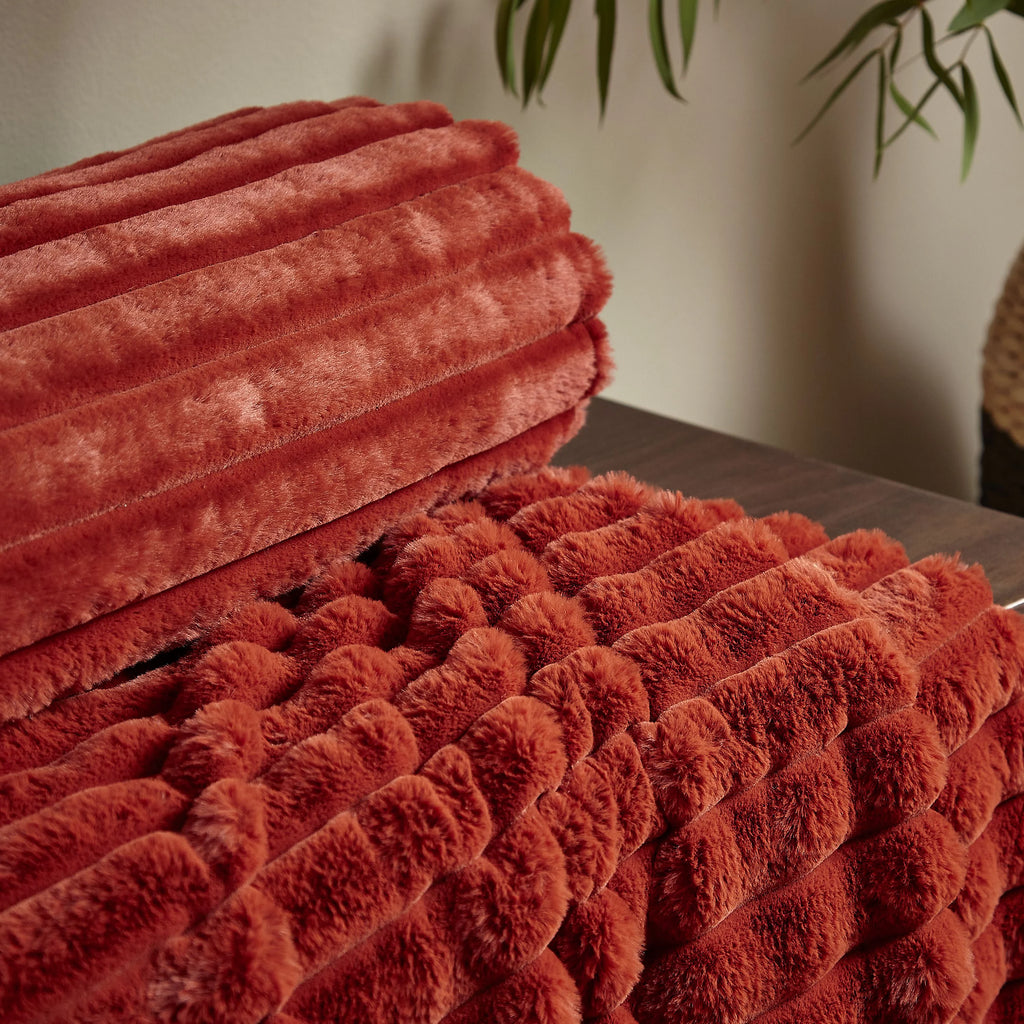 Catherine Lansfield Burnt Orange Soft and Cosy Ribbed Faux Fur Throw