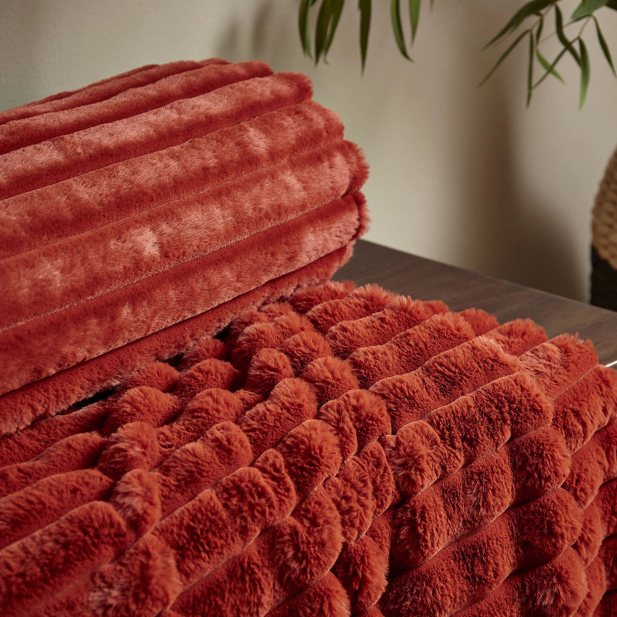 Catherine Lansfield Burnt Orange Soft and Cosy Ribbed Faux Fur Throw