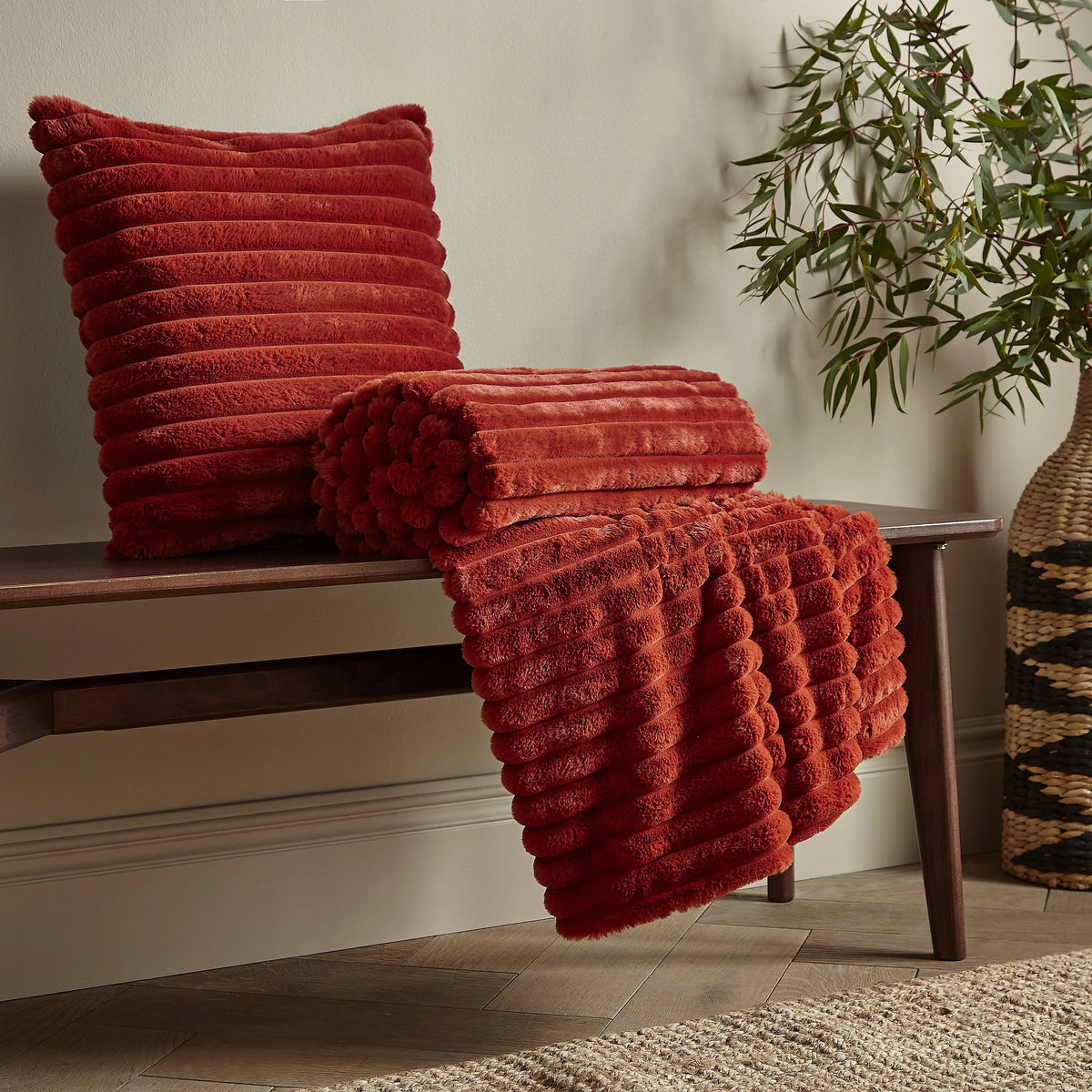 Catherine Lansfield Burnt Orange Soft and Cosy Ribbed Faux Fur Throw