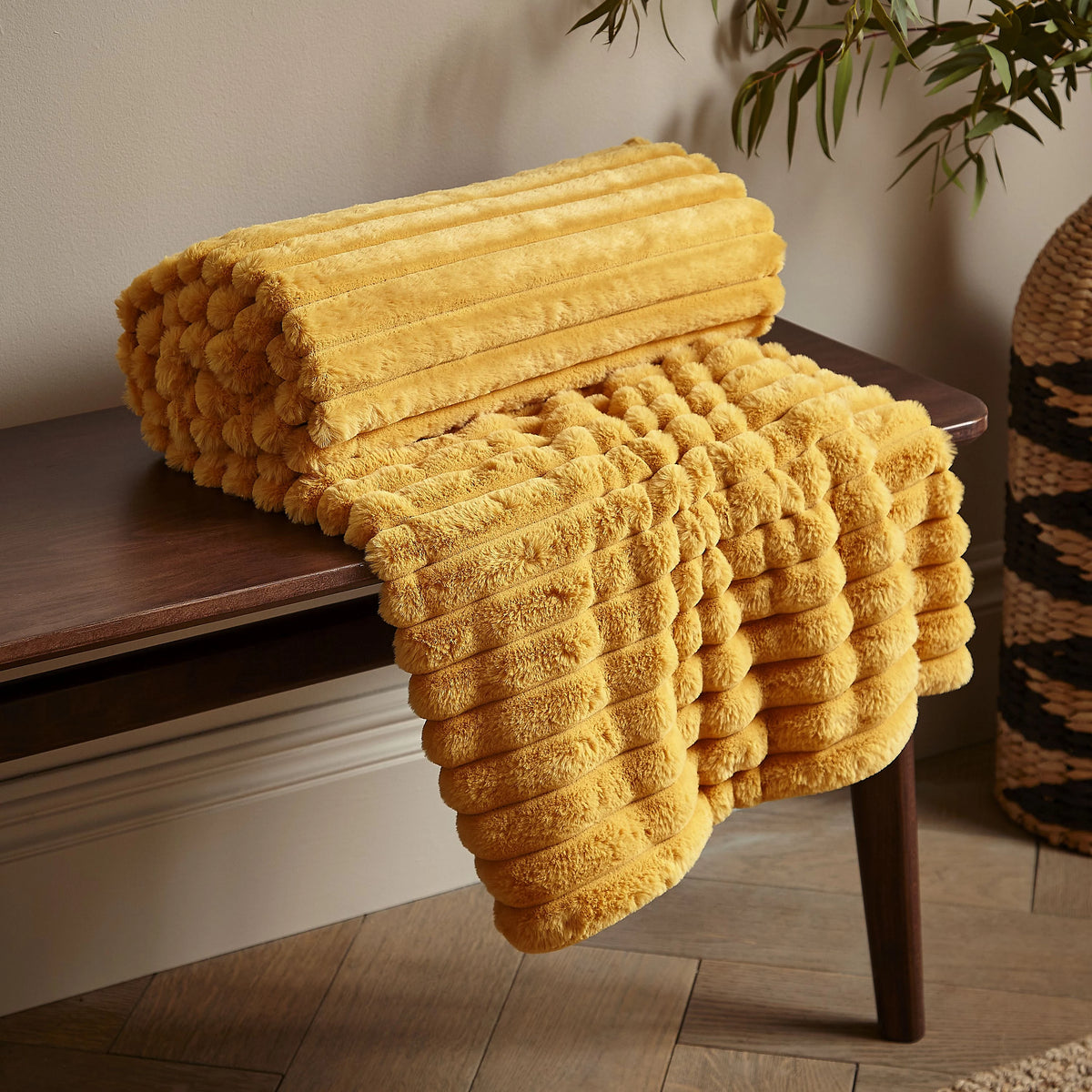 Catherine Lansfield Mustard Soft and Cosy Ribbed Faux Fur Throw