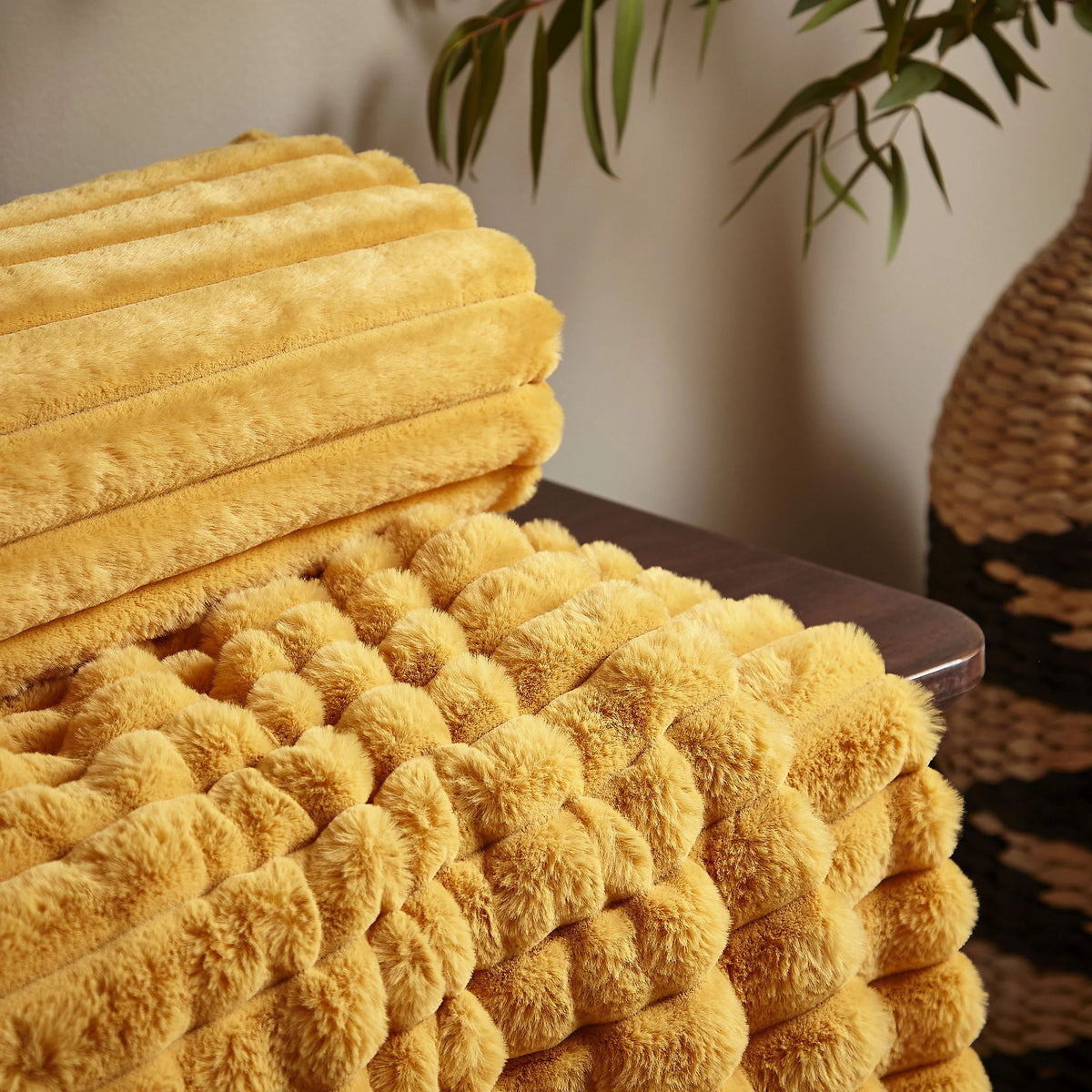 Catherine Lansfield Mustard Soft and Cosy Ribbed Faux Fur Throw