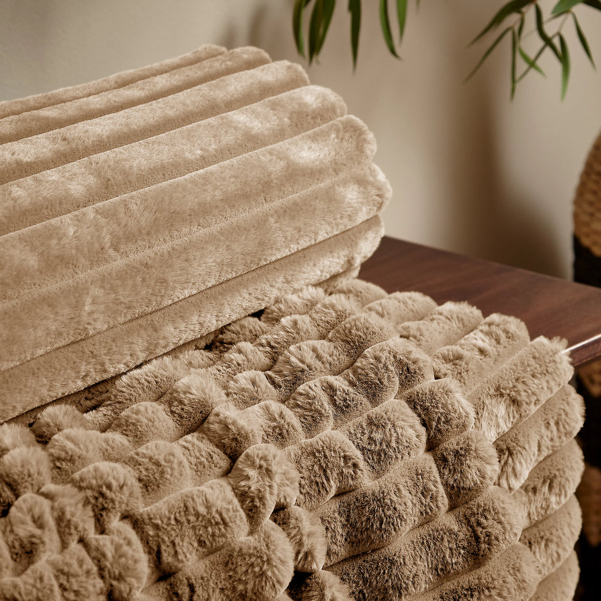 Catherine Lansfield Natural Soft and Cosy Ribbed Faux Fur Throw