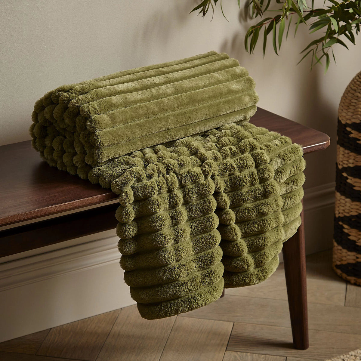 Catherine Lansfield Olive Green Soft and Cosy Ribbed Faux Fur Throw