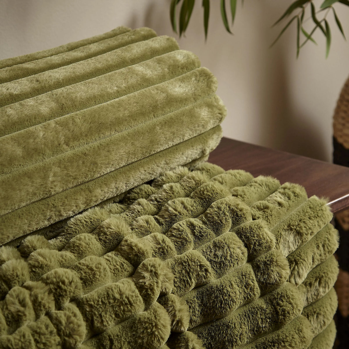 Catherine Lansfield Olive Green Soft and Cosy Ribbed Faux Fur Throw