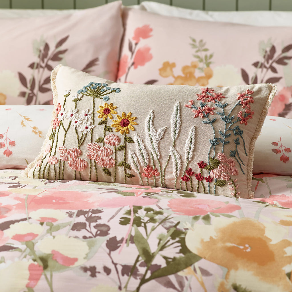 Catherine Lansfield Countryside Floral Embellished 30x50cm Cushion Natural