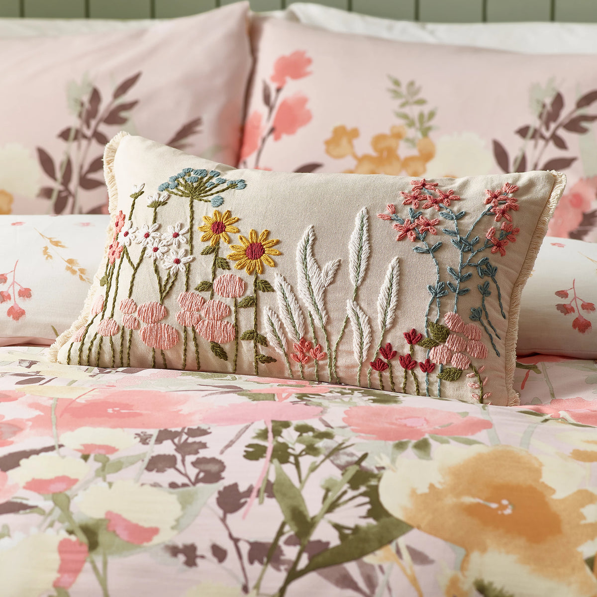 Catherine Lansfield Countryside Floral Embellished 30x50cm Cushion Natural