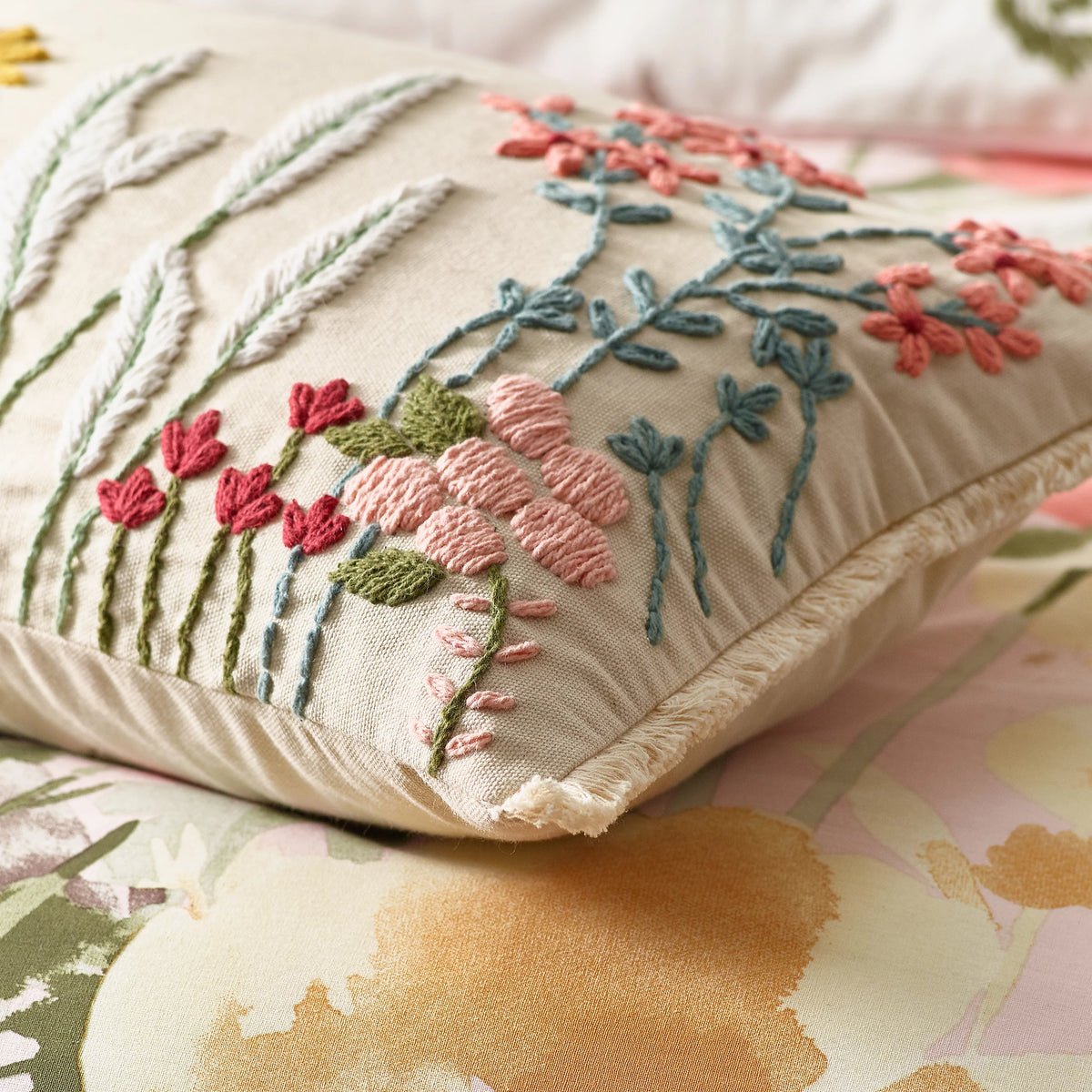 Catherine Lansfield Countryside Floral Embellished 30x50cm Cushion Natural