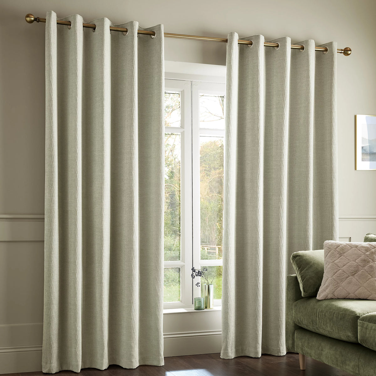 Catherine Lansfield Crinkle Chenille Dimout Eyelet Curtains in Natural