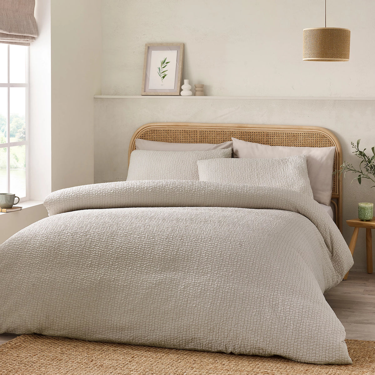 Catherine Lansfield Natural Crinkle Seersucker Duvet Cover Set
