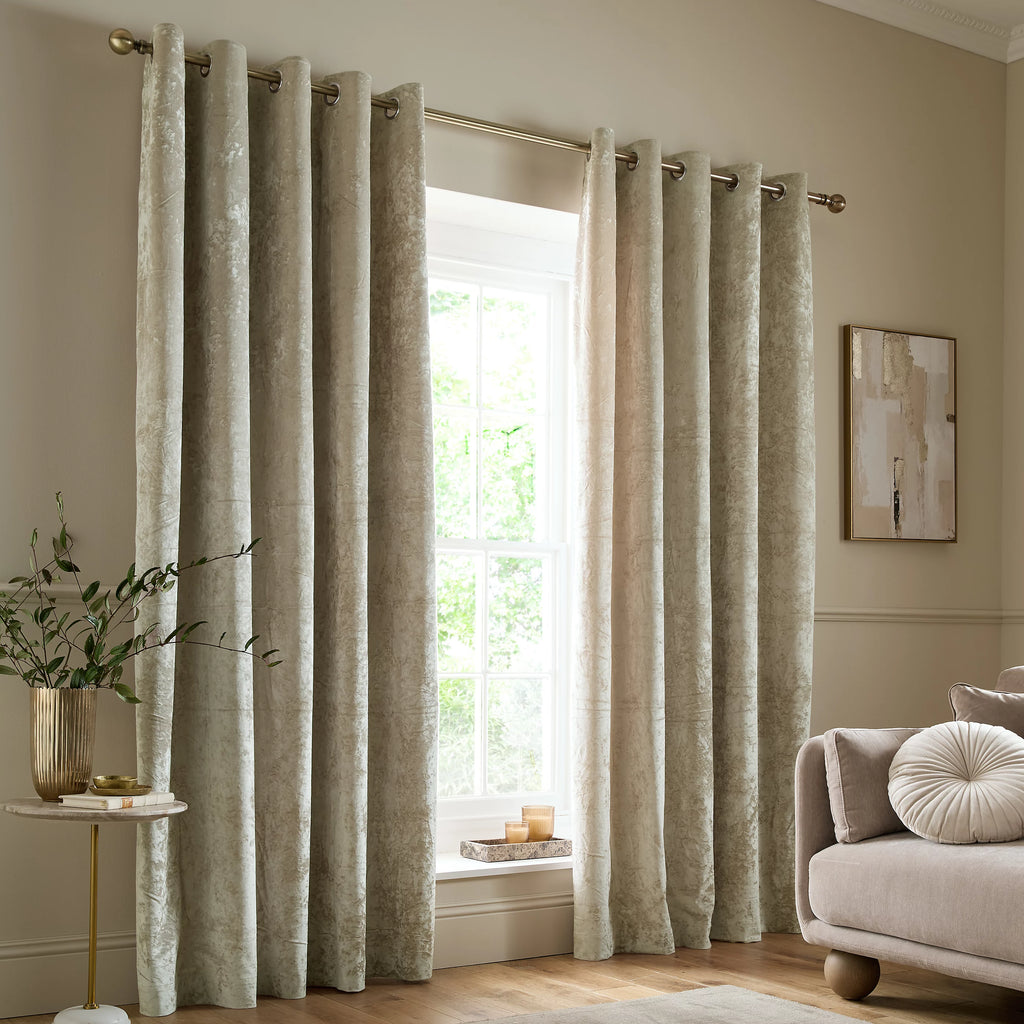 Catherine Lansfield Crushed Velvet Lined Eyelet Curtains in Natural