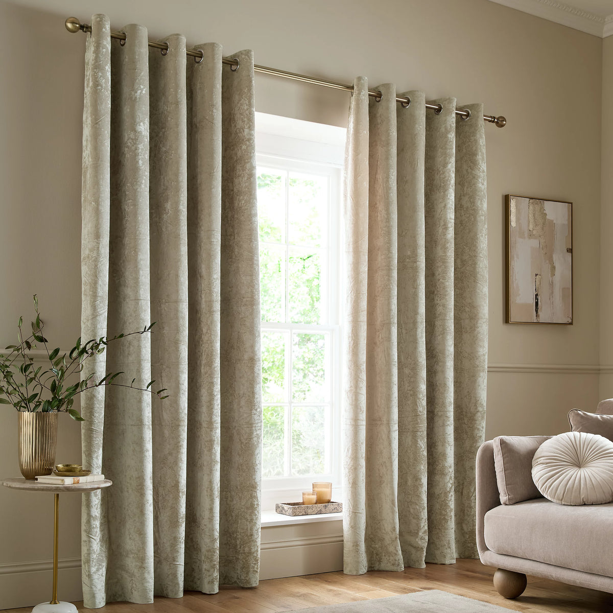 Catherine Lansfield Crushed Velvet Lined Eyelet Curtains in Natural