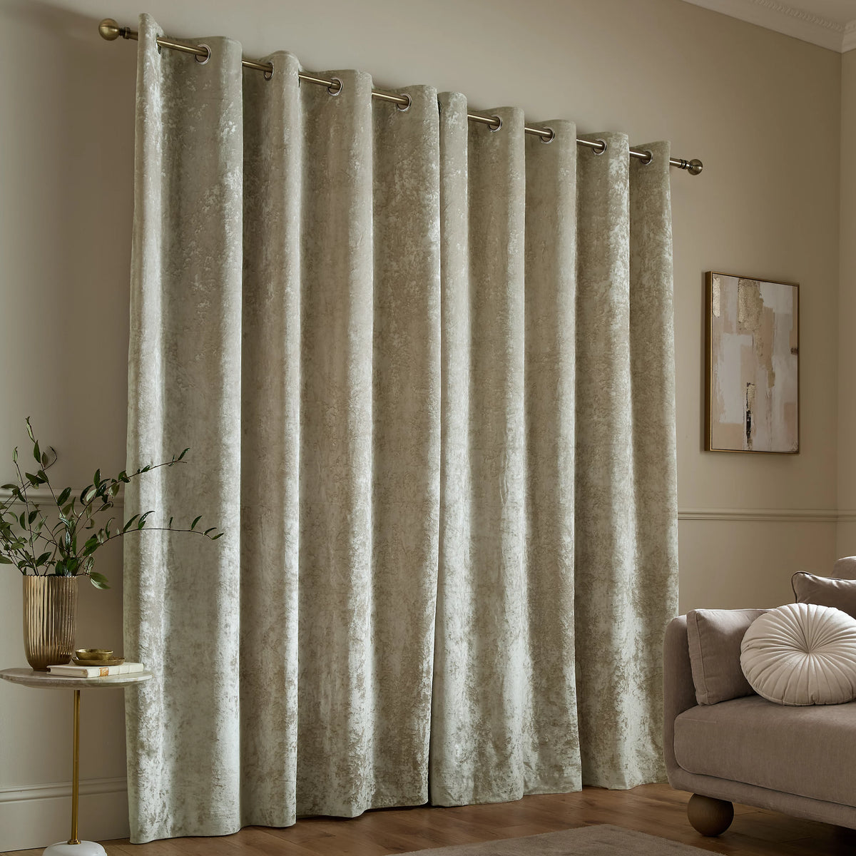 Catherine Lansfield Crushed Velvet Lined Eyelet Curtains in Natural