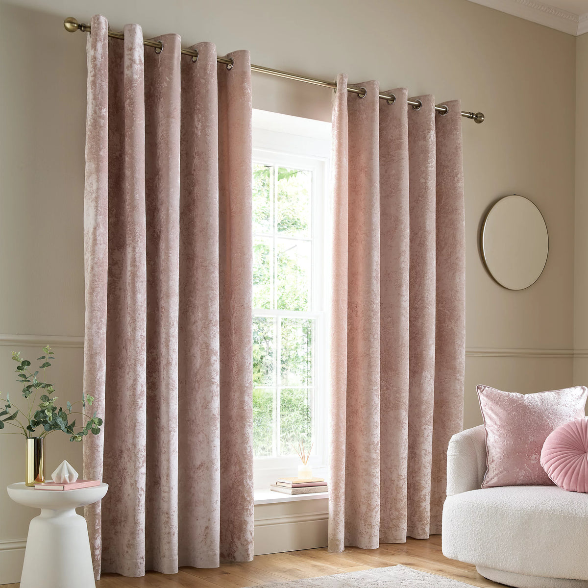 Catherine Lansfield Crushed Velvet Lined Eyelet Curtains in Pink