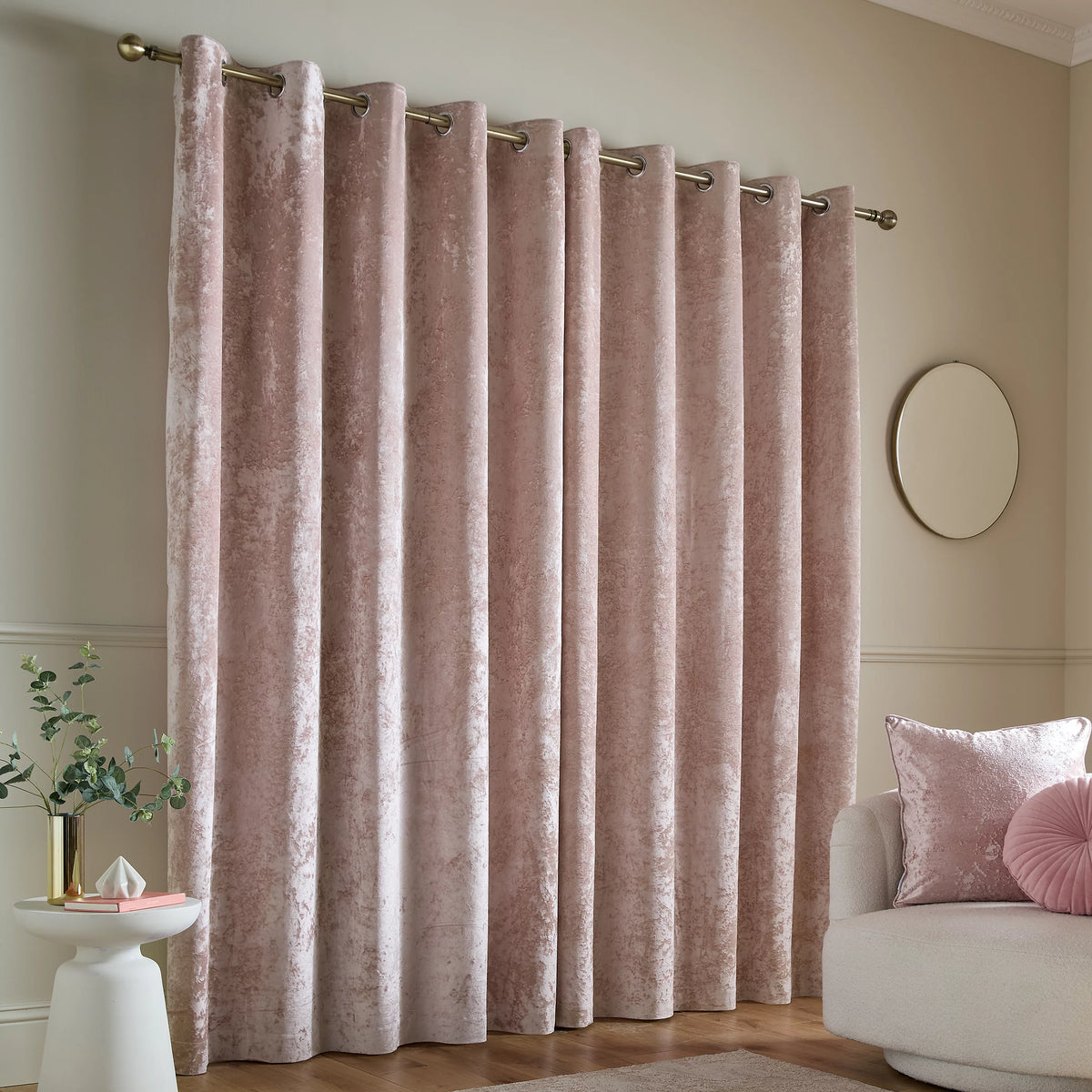Catherine Lansfield Crushed Velvet Lined Eyelet Curtains in Pink