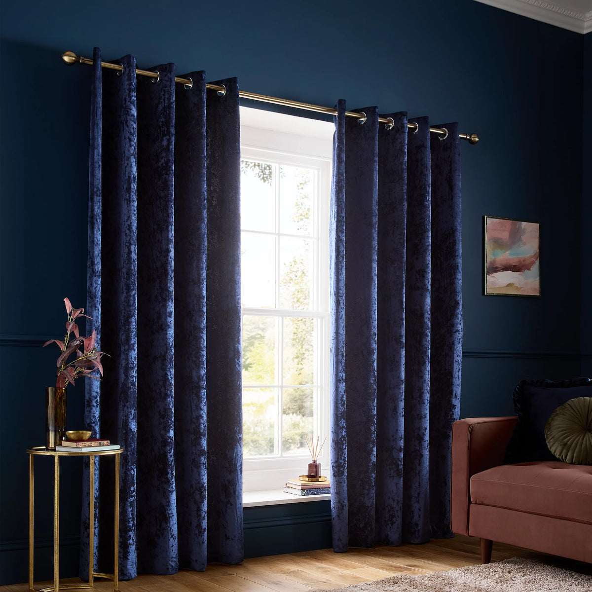 Catherine Lansfield Crushed Velvet Lined Eyelet Curtains in Navy