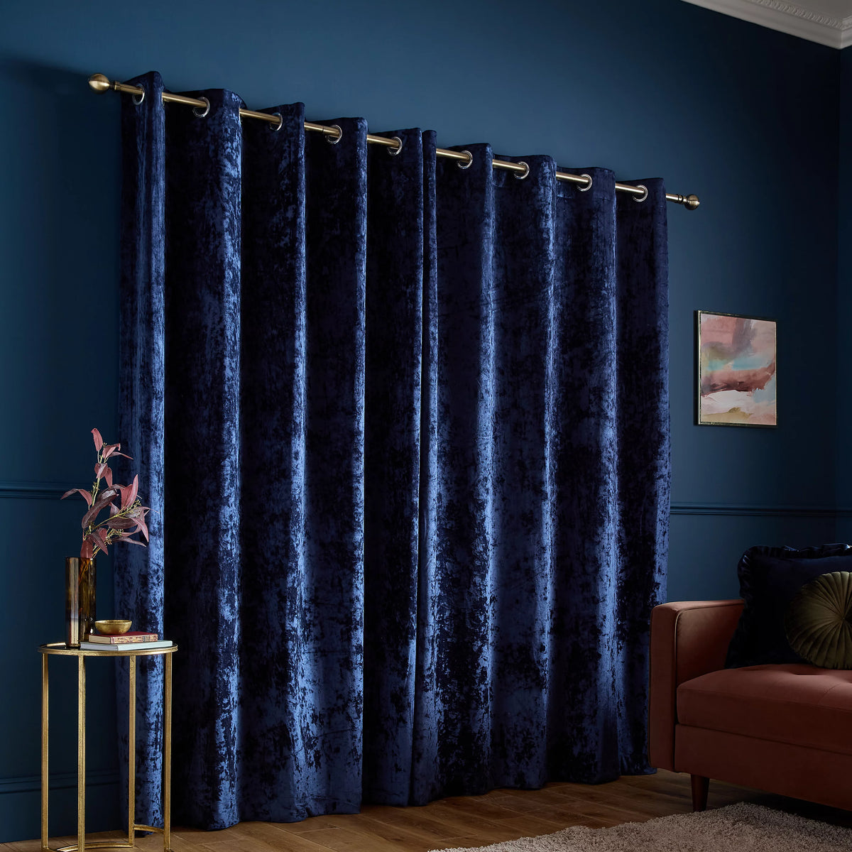 Catherine Lansfield Crushed Velvet Lined Eyelet Curtains in Navy