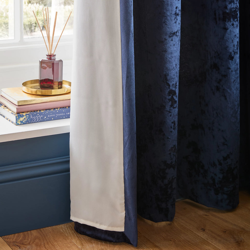 Catherine Lansfield Crushed Velvet Lined Eyelet Curtains in Navy