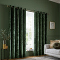 Catherine Lansfield Crushed Velvet Lined Eyelet Curtains in Olive Green