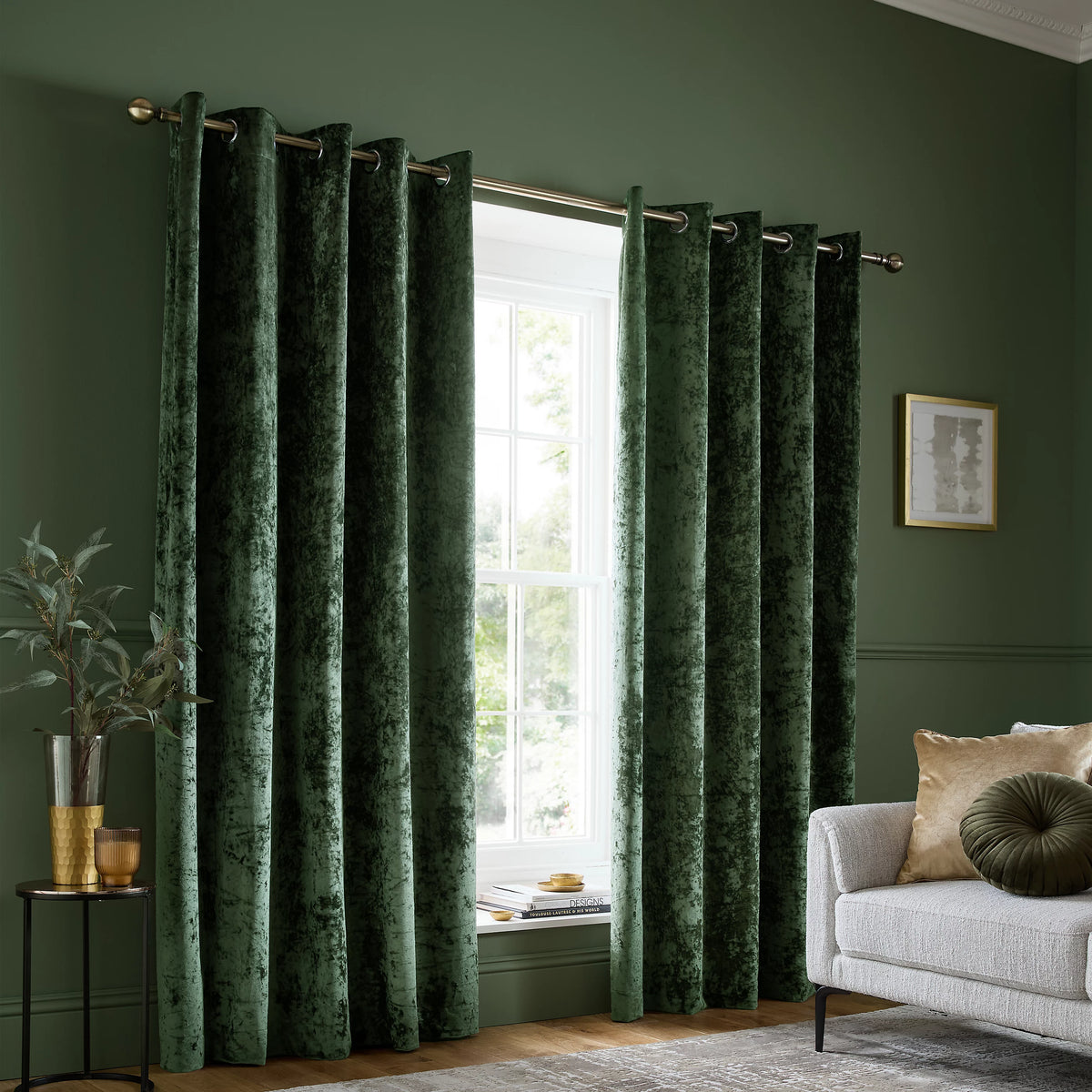 Catherine Lansfield Crushed Velvet Lined Eyelet Curtains in Olive Green