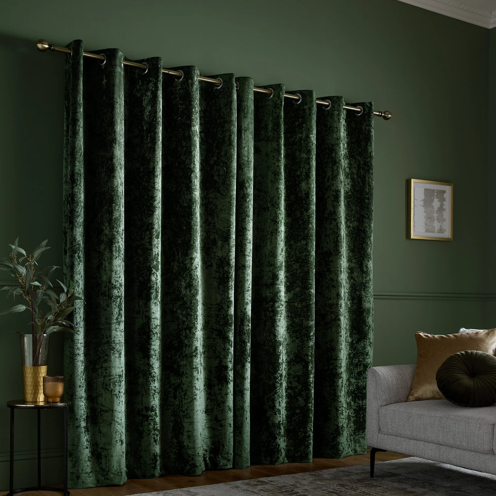 Catherine Lansfield Crushed Velvet Lined Eyelet Curtains in Olive Green