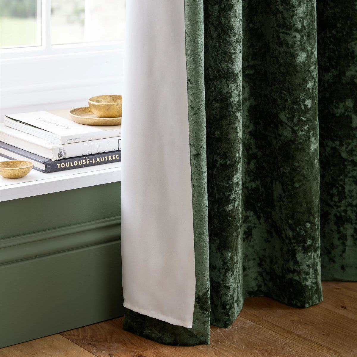 Catherine Lansfield Crushed Velvet Lined Eyelet Curtains in Olive Green