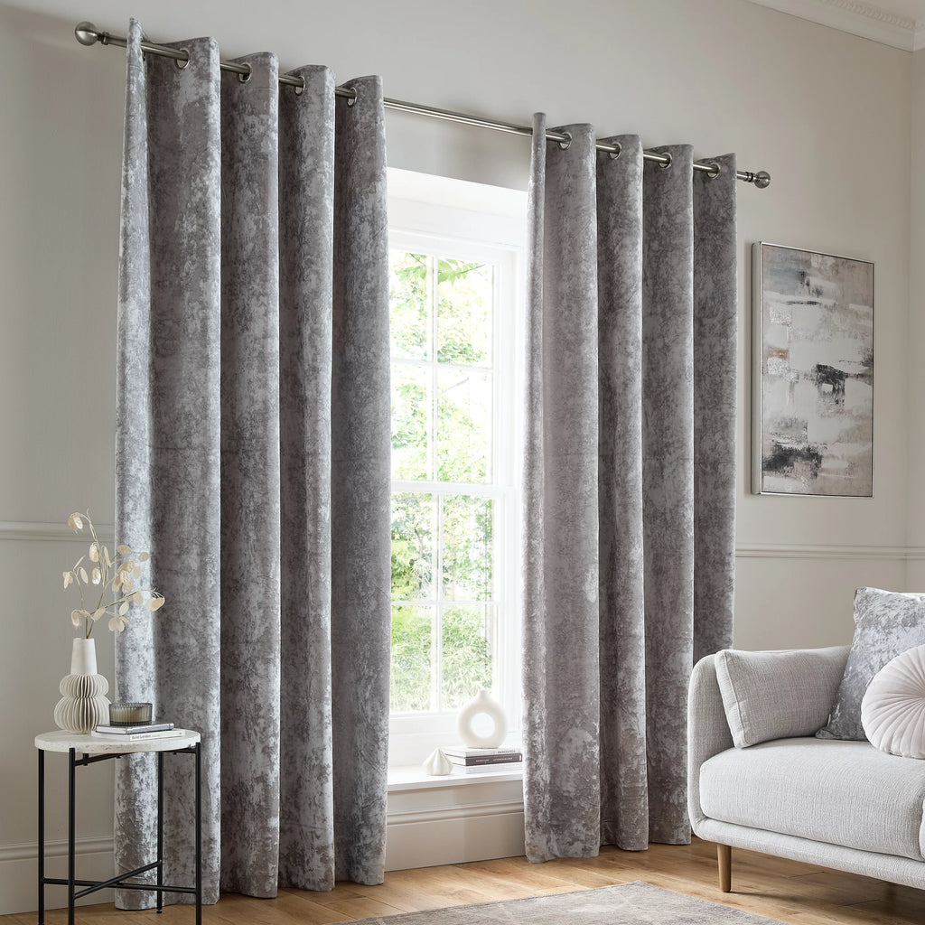 Catherine Lansfield Crushed Velvet Lined Eyelet Curtains in Silver