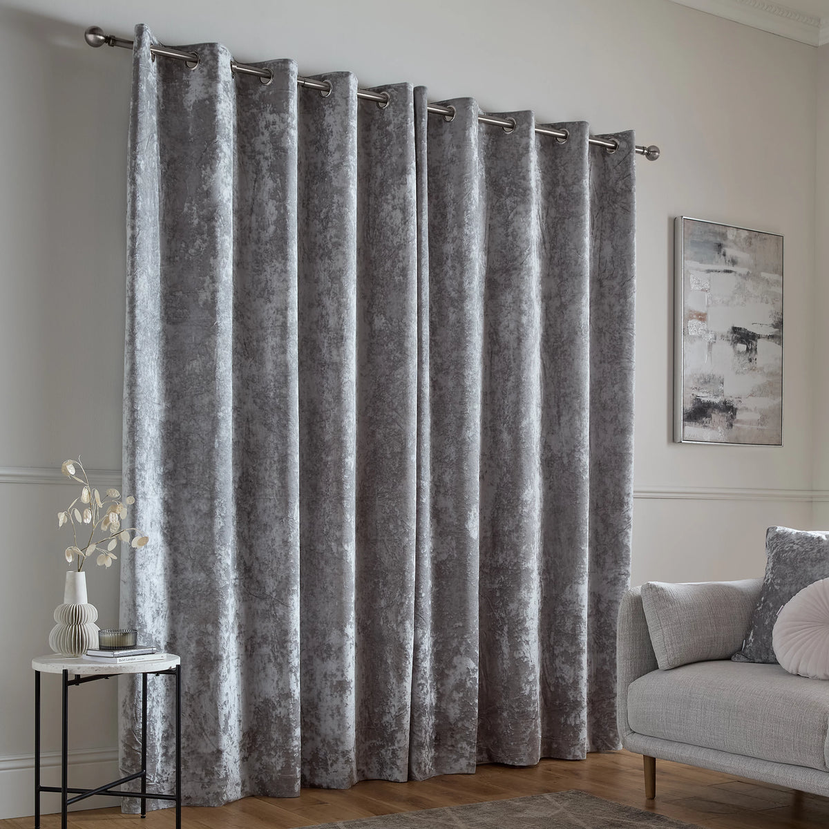 Catherine Lansfield Crushed Velvet Lined Eyelet Curtains in Silver