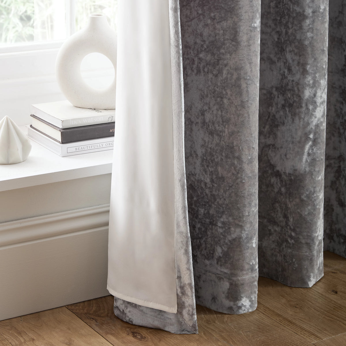 Catherine Lansfield Crushed Velvet Lined Eyelet Curtains in Silver