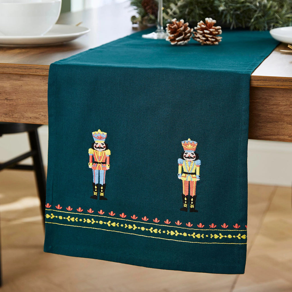 Catherine Lansfield Christmas Nutcracker Embroidered Cotton Table Runner in Green 33 x 220cm