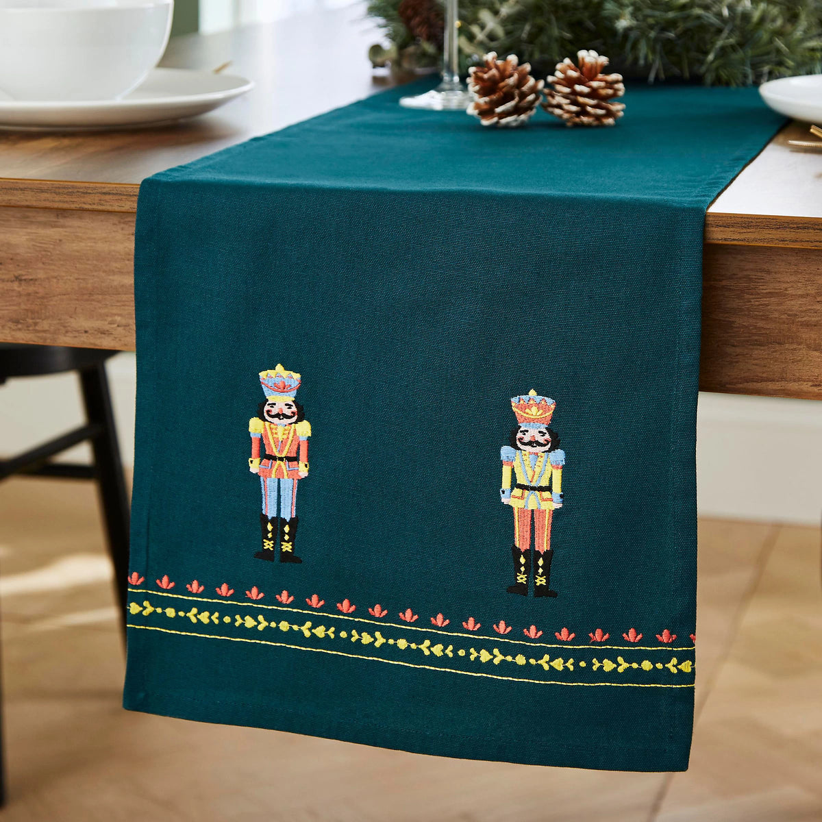 Catherine Lansfield Christmas Nutcracker Embroidered Cotton Table Runner in Green 33 x 220cm