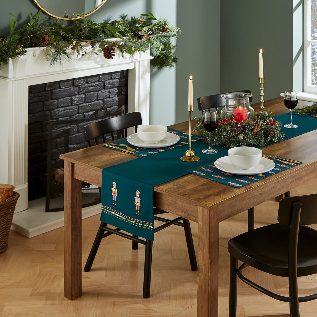 Catherine Lansfield Christmas Nutcracker Embroidered Cotton Table Runner in Green 33 x 220cm