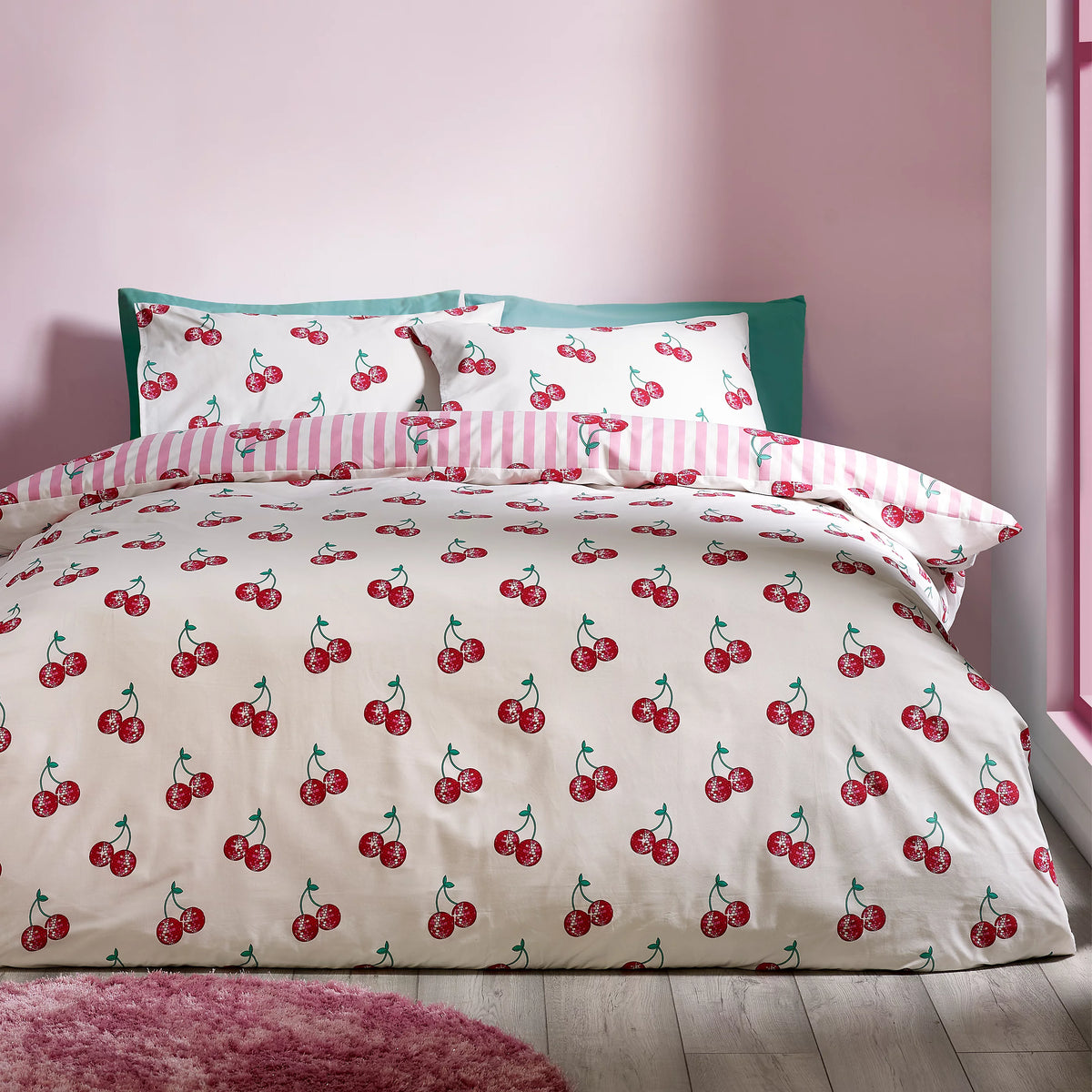 Catherine Lansfield Disco Cherries Stripes Reversible Duvet Cover Set Pink