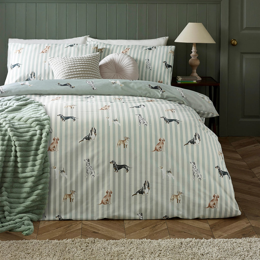 Catherine Lansfield Green Dog Stripe Reversible Duvet Cover Set