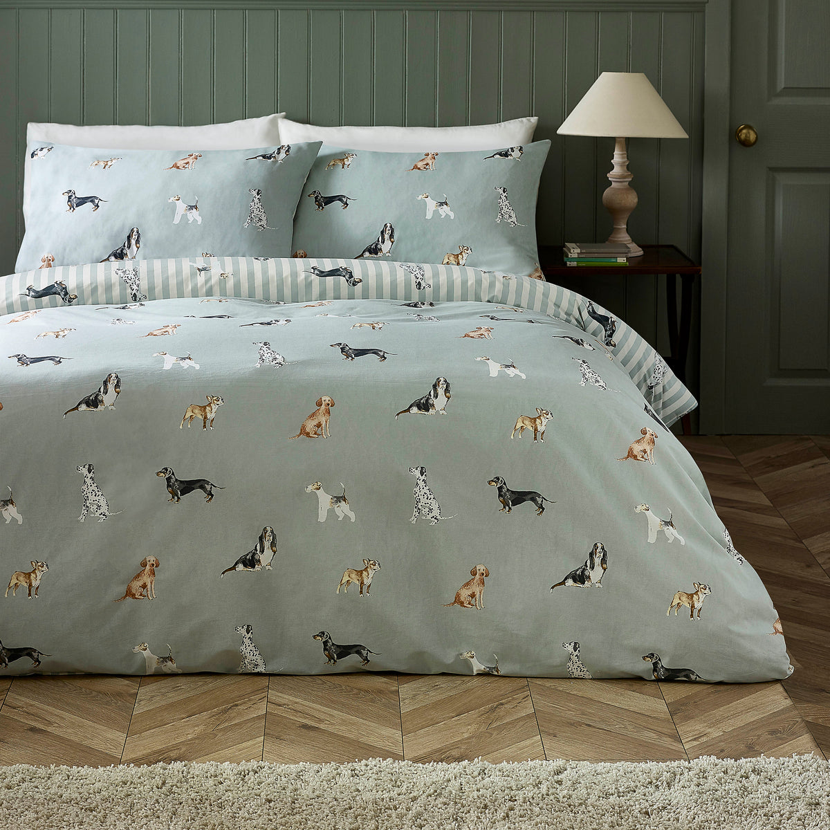 Catherine Lansfield Green Dog Stripe Reversible Duvet Cover Set