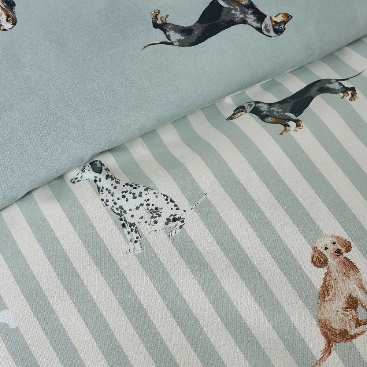 Catherine Lansfield Green Dog Stripe Reversible Duvet Cover Set