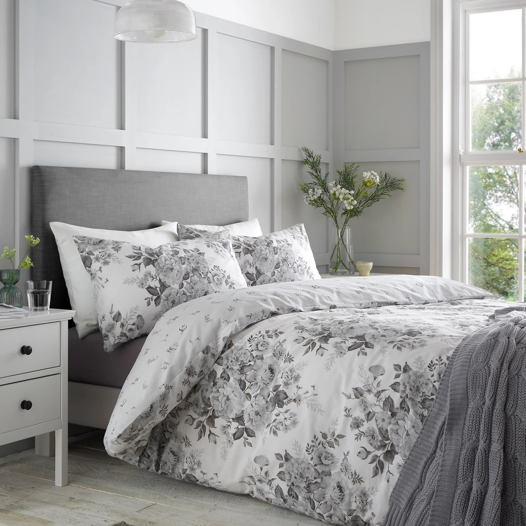 Catherine Lansfield Elinda Floral Reversible Duvet Cover Set Grey