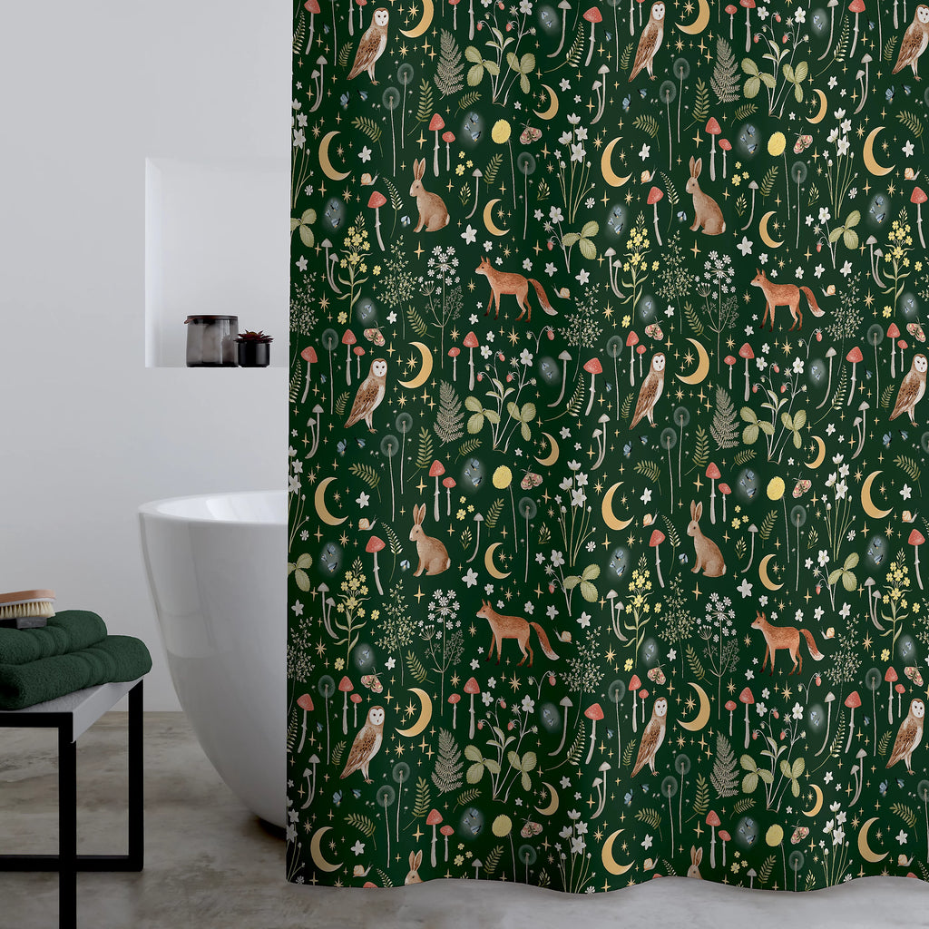 Catherine Lansfield Enchanted Twilight Animals Shower Curtain in Forest Green 180 x 180cm