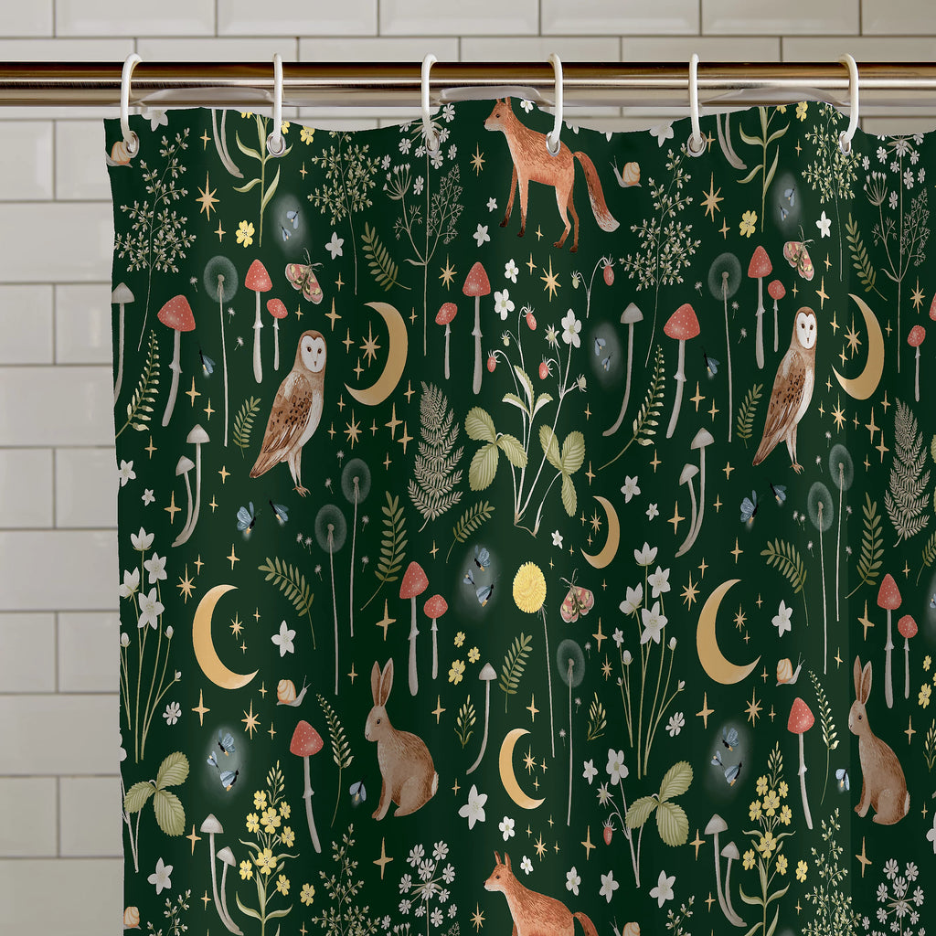 Catherine Lansfield Enchanted Twilight Animals Shower Curtain in Forest Green 180 x 180cm