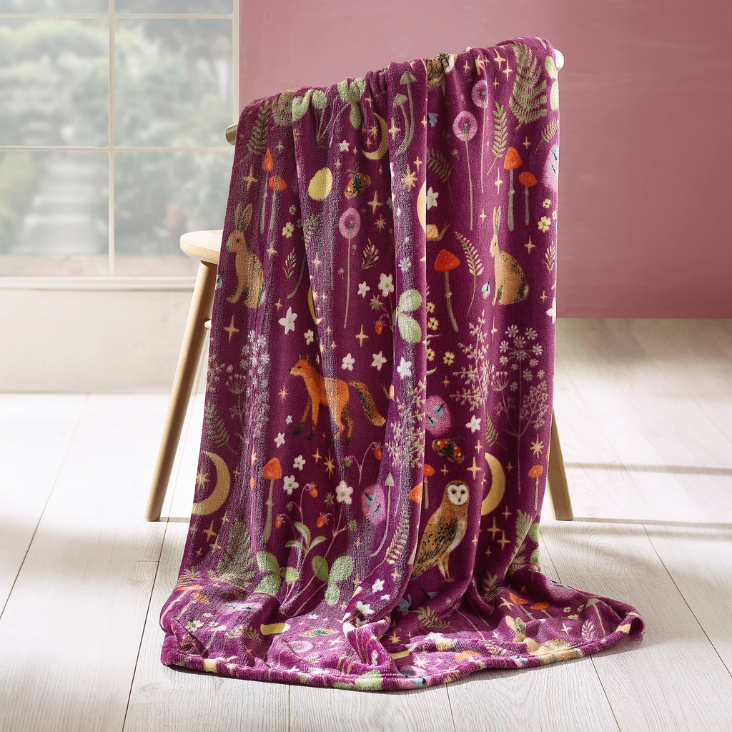 Catherine Lansfield Enchanted Twilight Animals Cosy Blanket Throw Plum