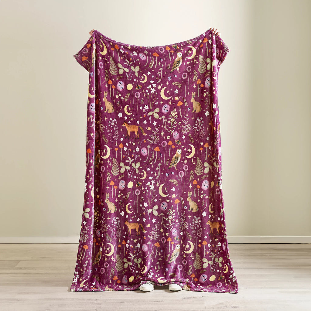 Catherine Lansfield Enchanted Twilight Animals Cosy Blanket Throw Plum