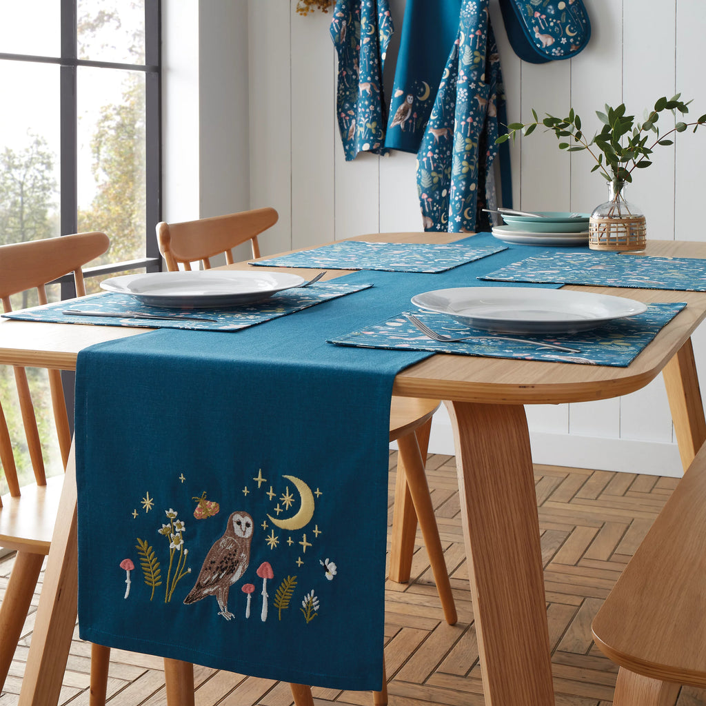 Catherine Lansfield Enchanted Twilight Animals Cotton Dining Table Runner in Navy Blue