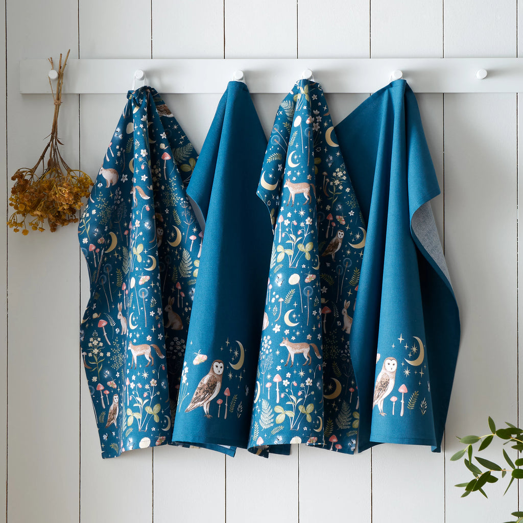 Catherine Lansfield Enchanted Twilight Animals Cotton Kitchen Tea Towels Pack of 4 in Navy Blue