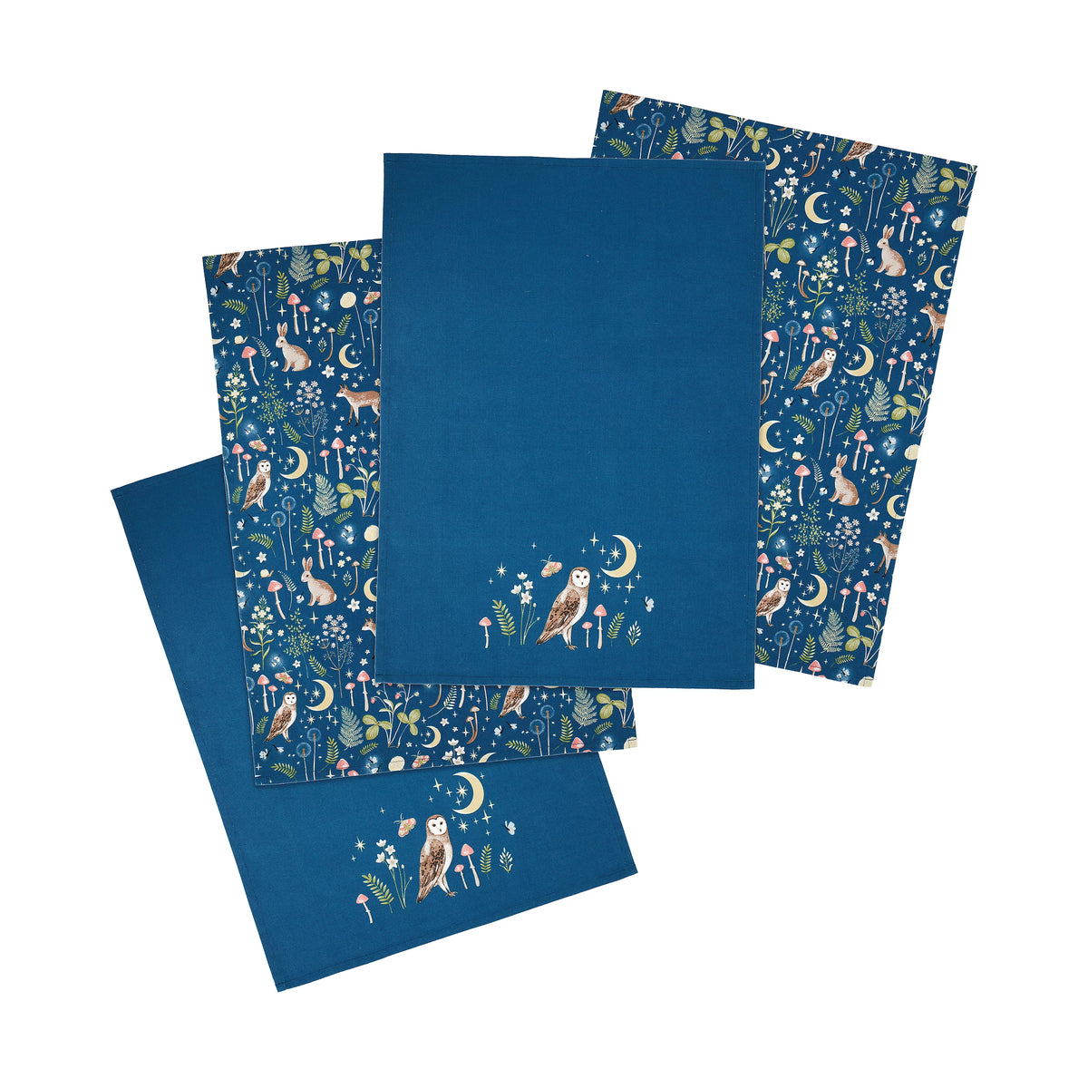 Catherine Lansfield Enchanted Twilight Animals Cotton Kitchen Tea Towels Pack of 4 in Navy Blue
